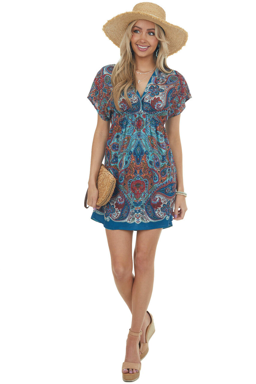 Ocean Paisley Print Kimono Sleeve Short Dress