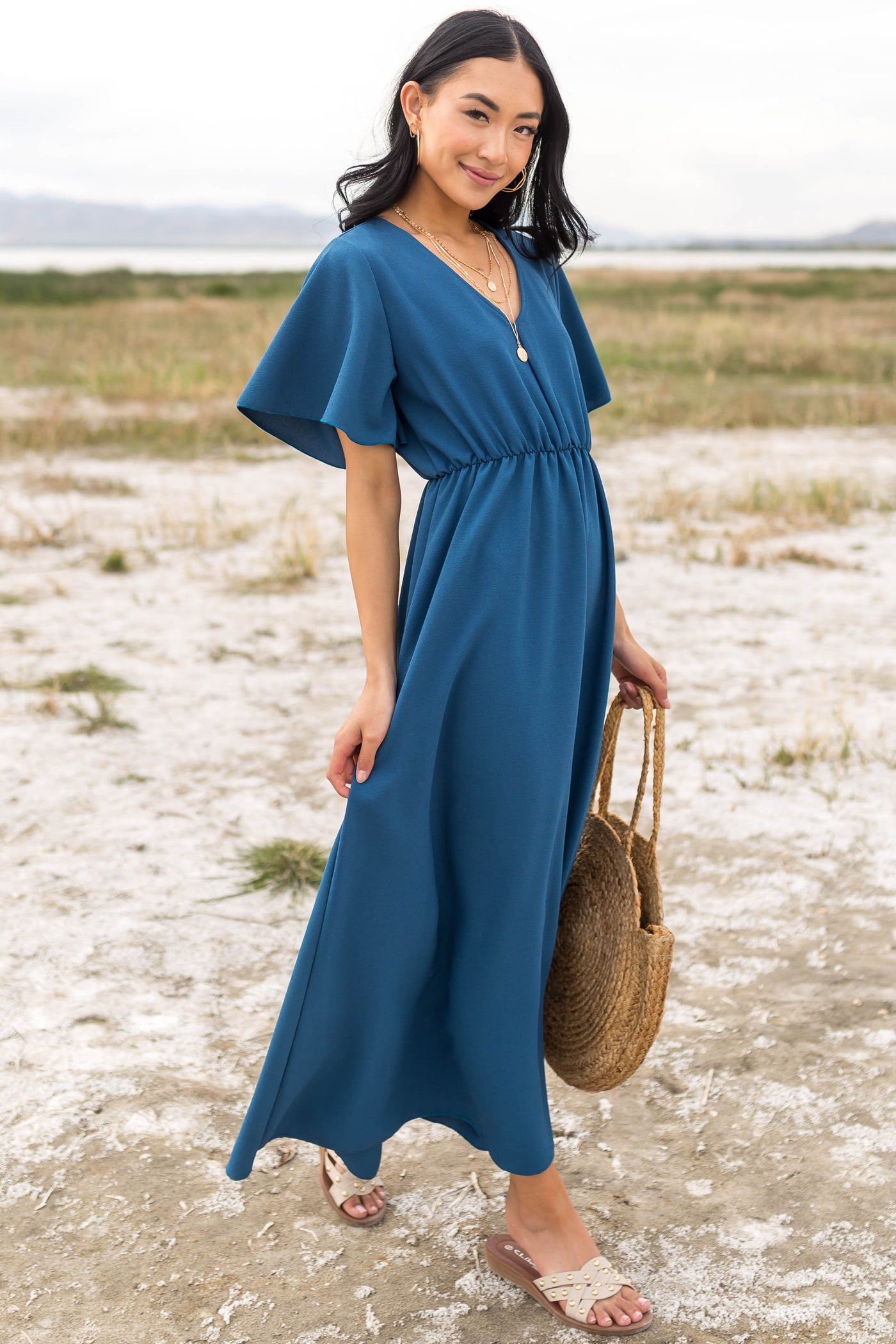 Ocean Cinch Waist Flutter Sleeve Maxi Dress