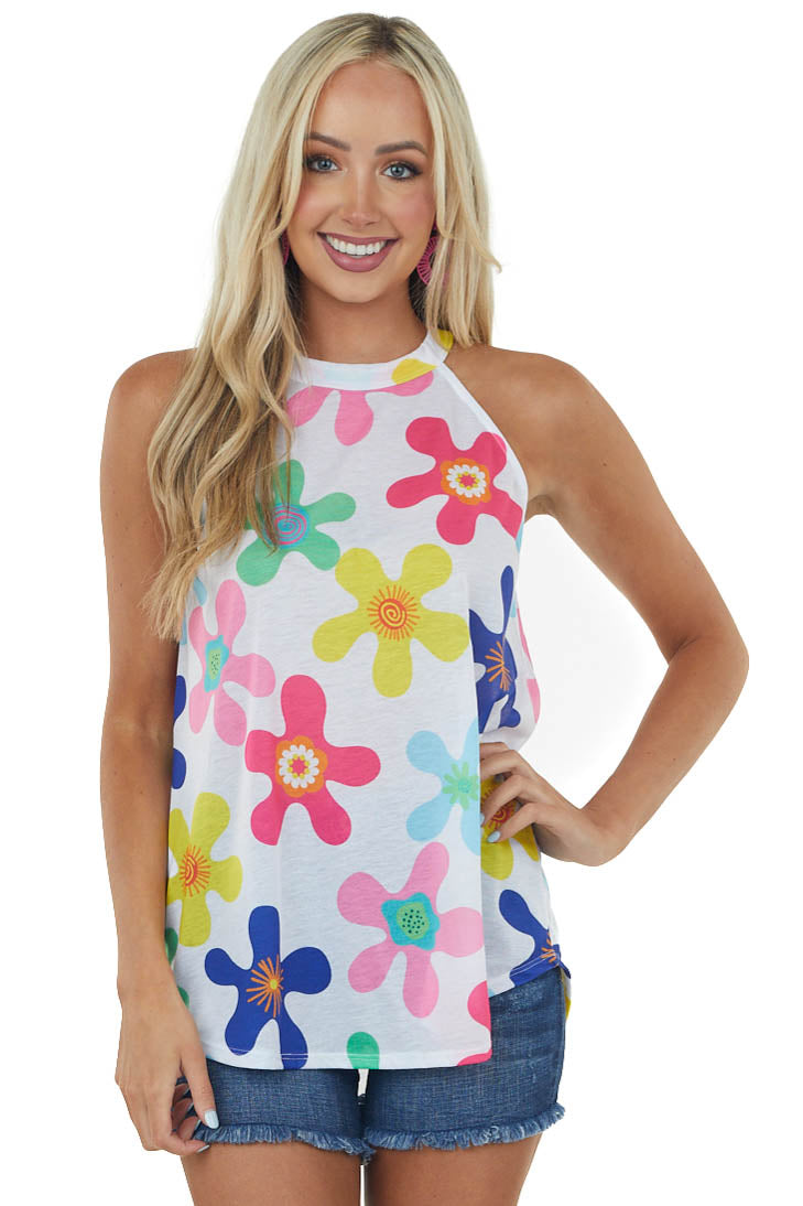 Off White Abstract Floral Halter Neck Knit Tank
