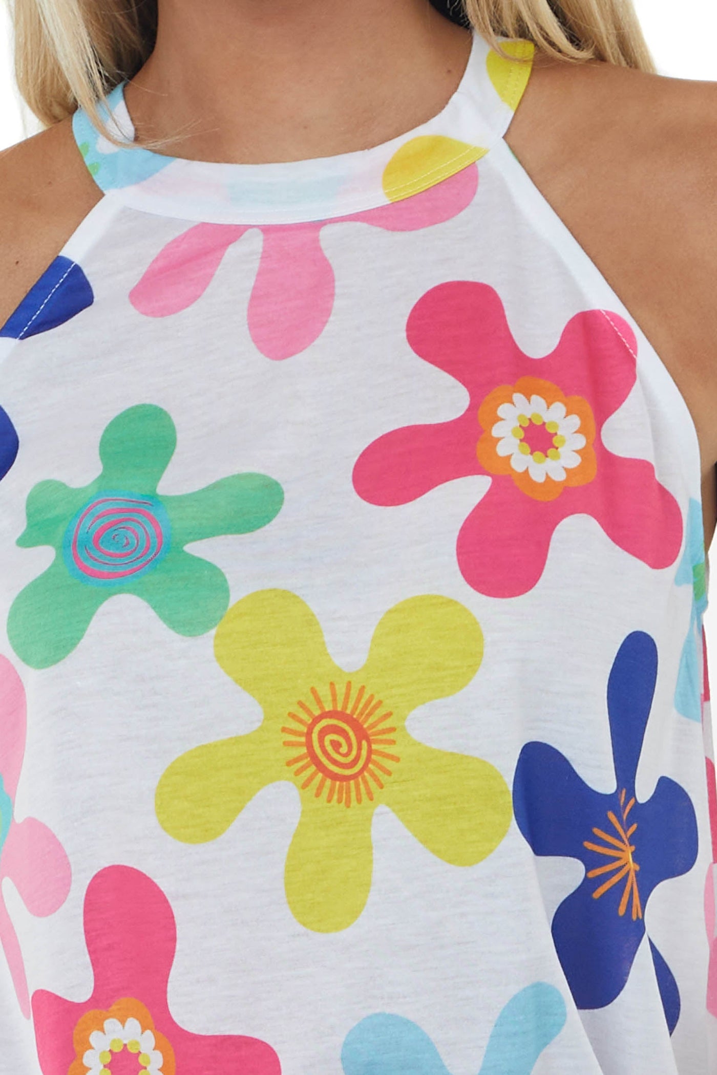 Off White Abstract Floral Halter Neck Knit Tank