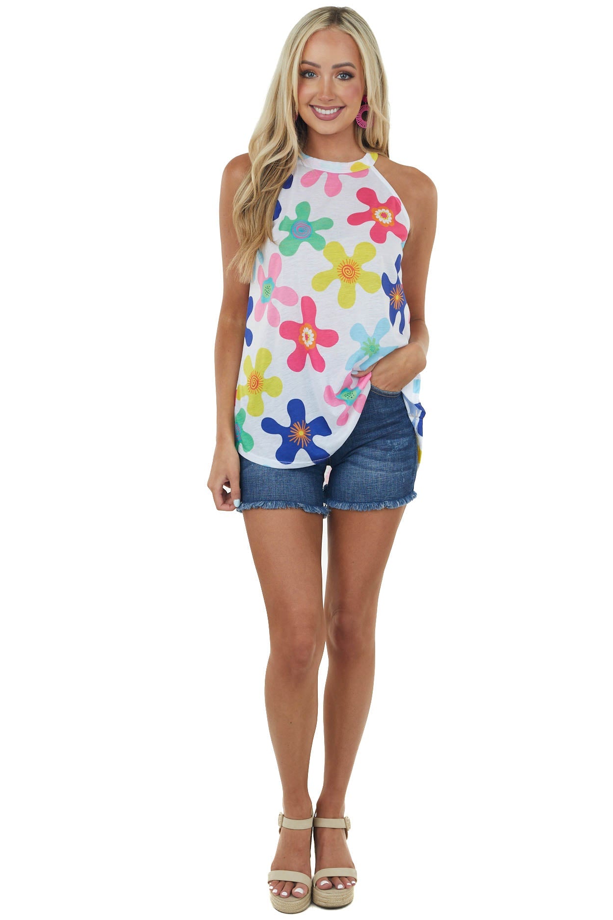 Off White Abstract Floral Halter Neck Knit Tank