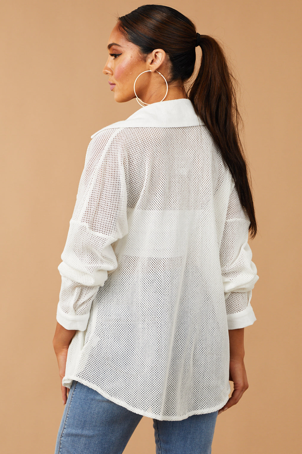 Off White Button Down Sheer Mesh Top