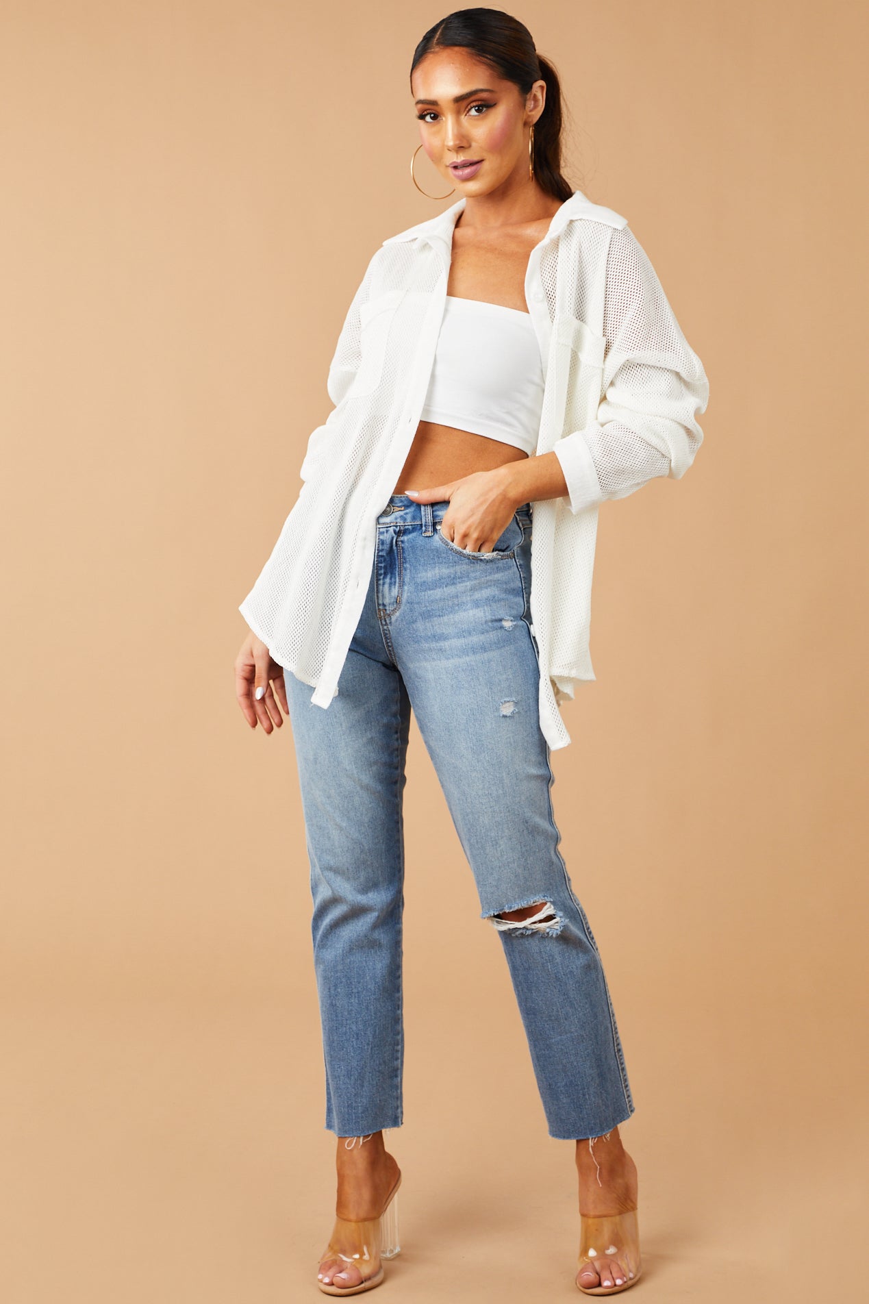 Off White Button Down Sheer Mesh Top