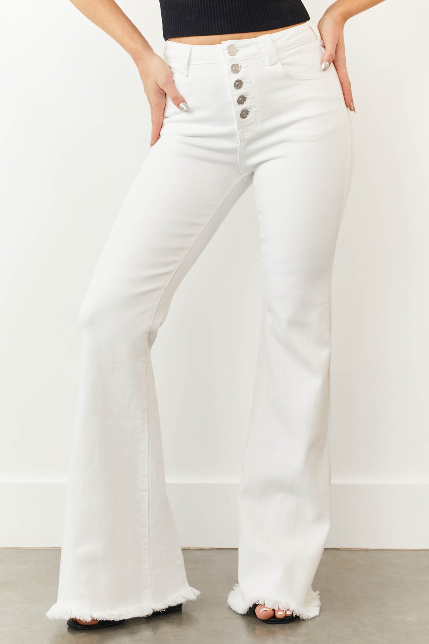 Off White Button Fly High Rise Flare Jeans
