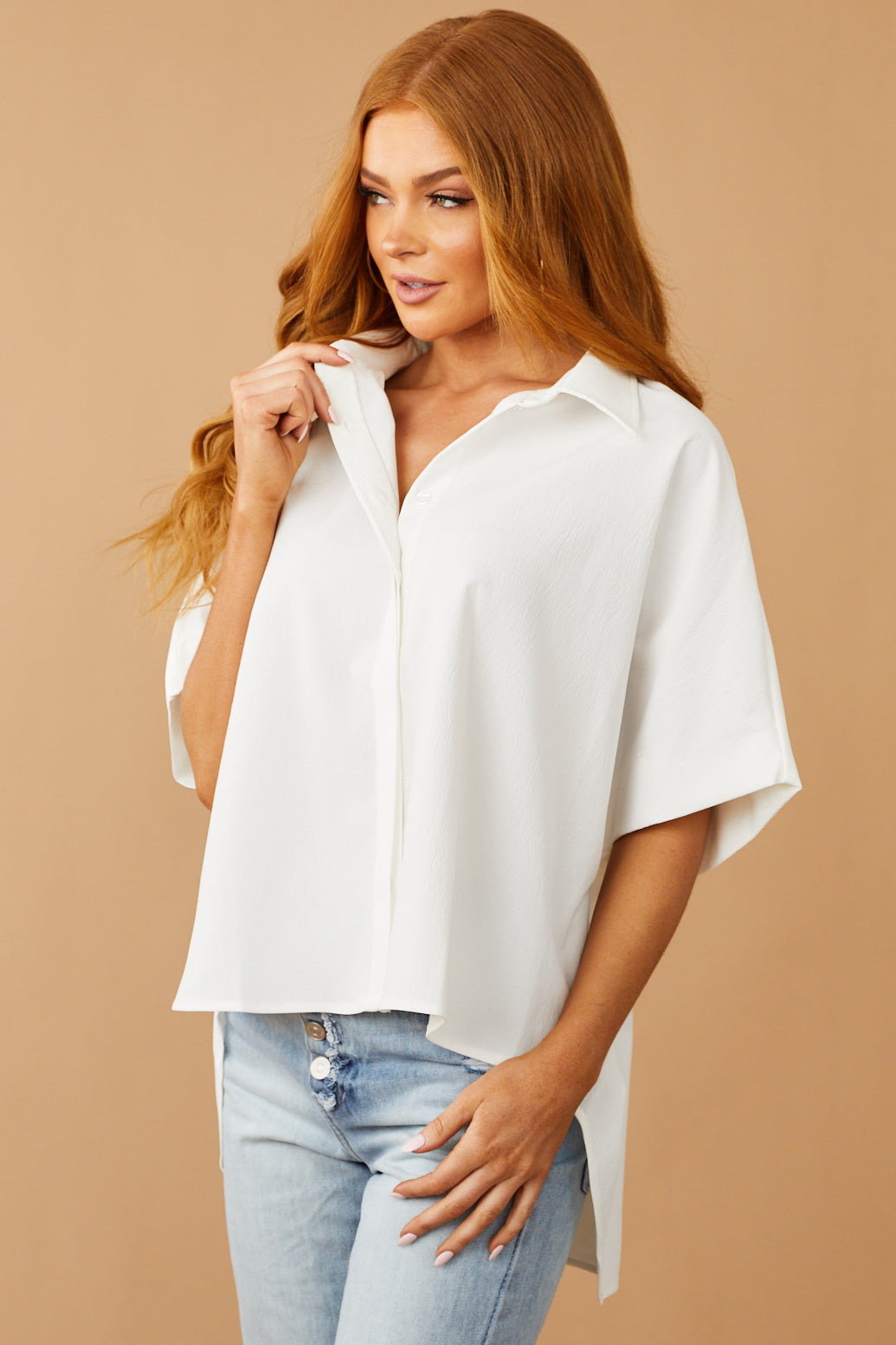 Off White Button Up Oversized Woven Top