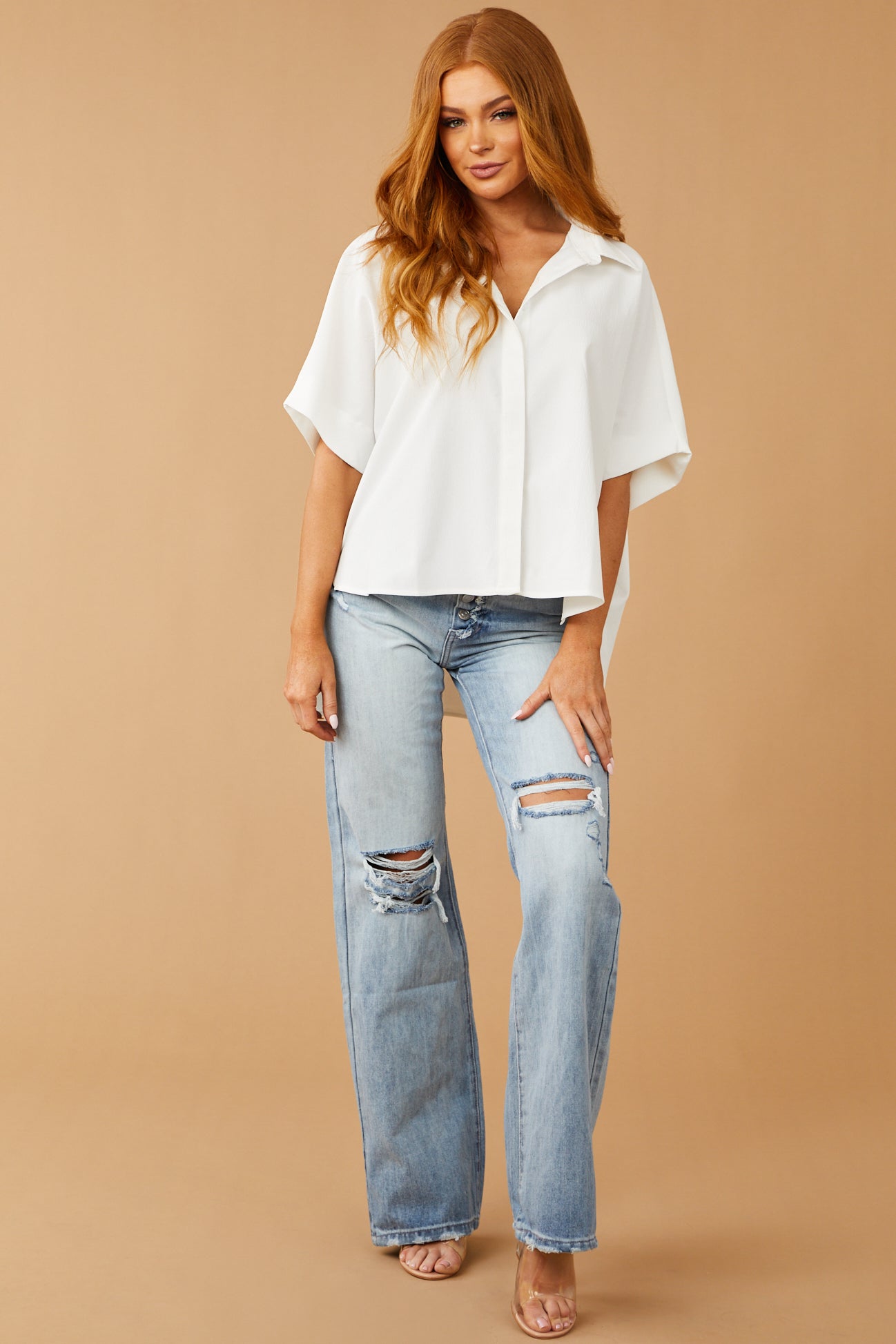 Off White Button Up Oversized Woven Top