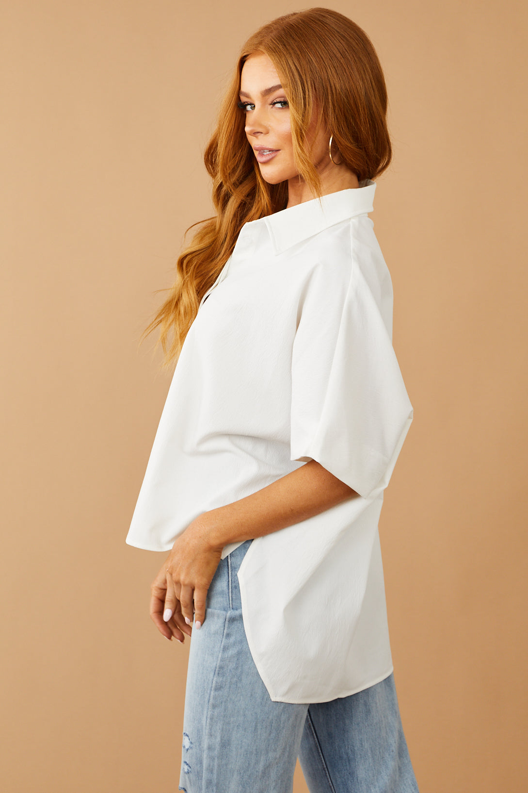 Off White Button Up Oversized Woven Top