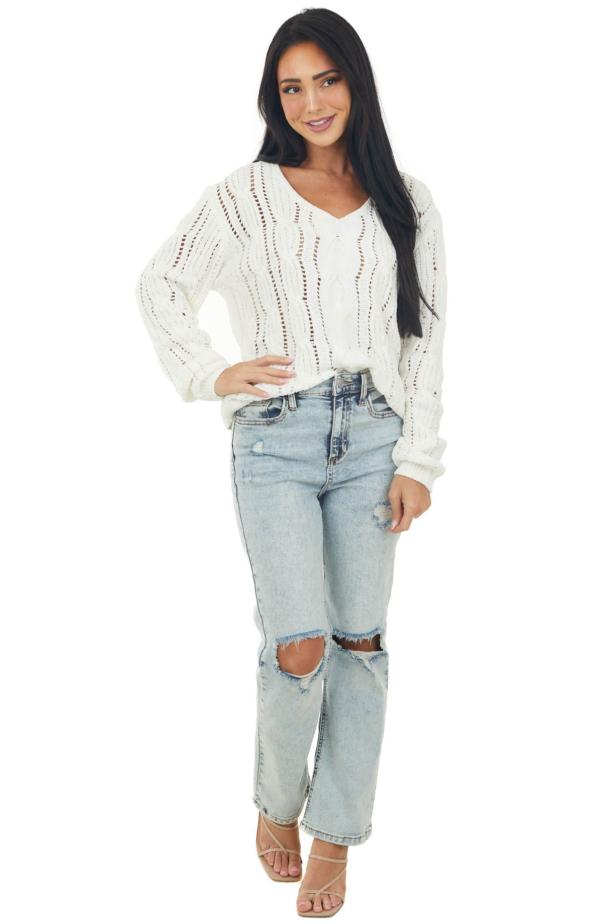 Off White Chenille Loose Cable Knit Sweater