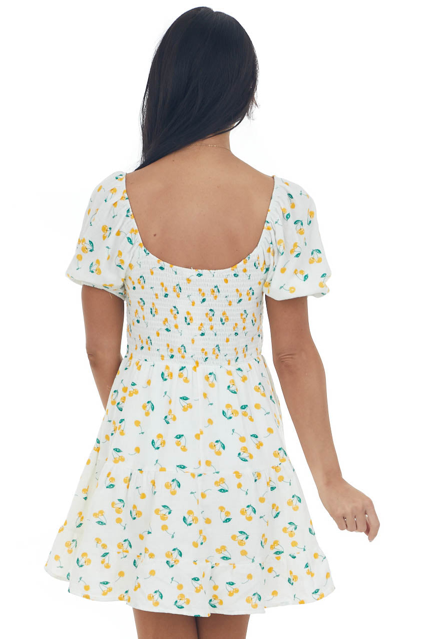 Off White Cherry Print Smocked Tiered Dress