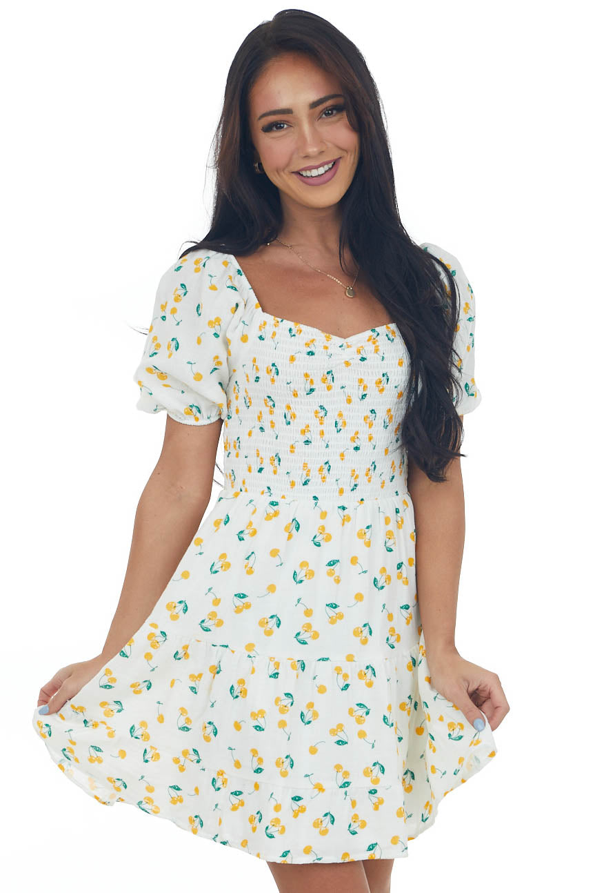 Off White Cherry Print Smocked Tiered Dress
