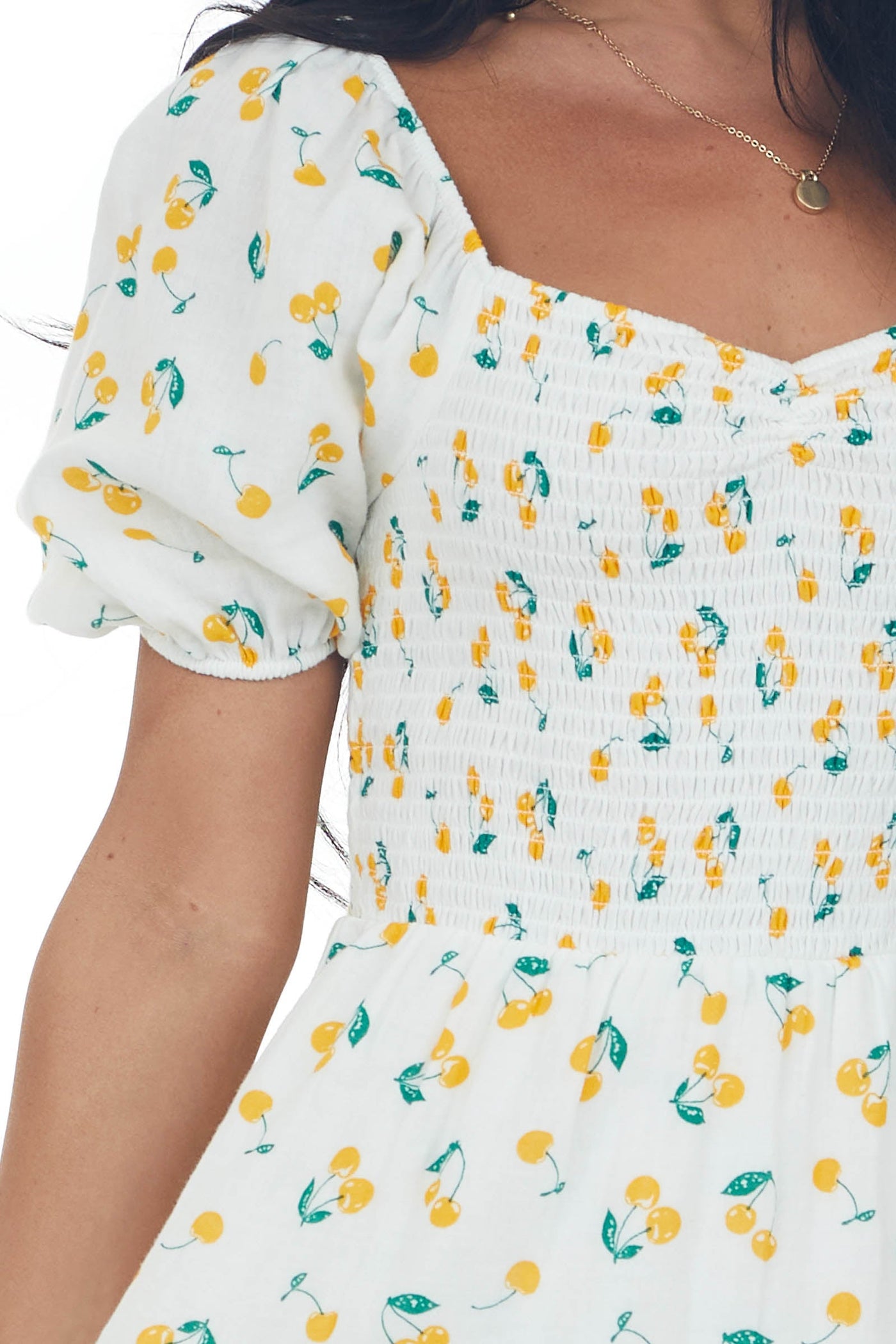 Off White Cherry Print Smocked Tiered Dress