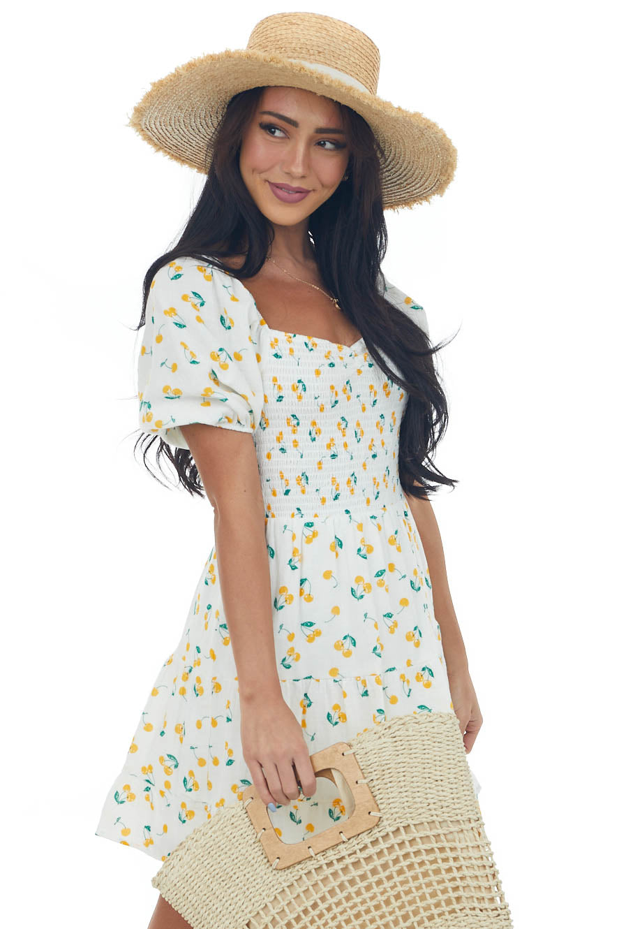 Off White Cherry Print Smocked Tiered Dress