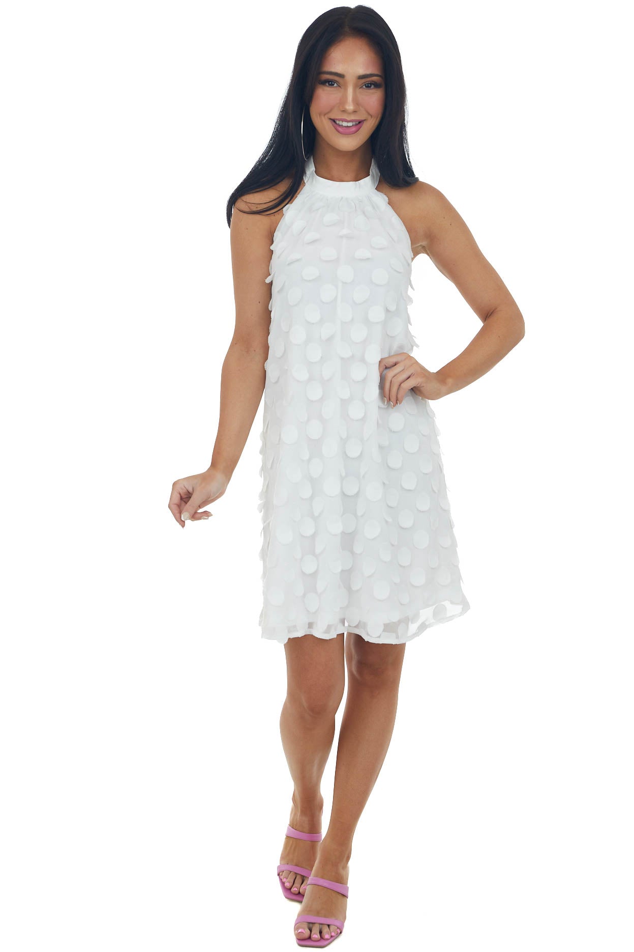 Off White Circle Textured Backless Short Dress