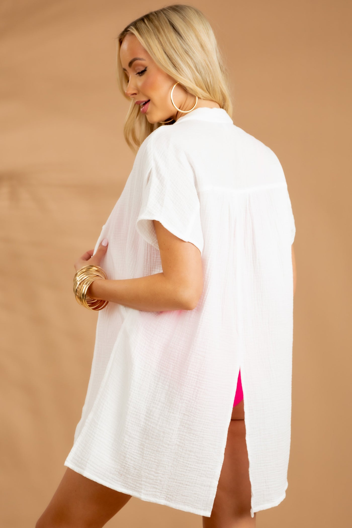 Off White Collared Button Up Front Tie Woven Top