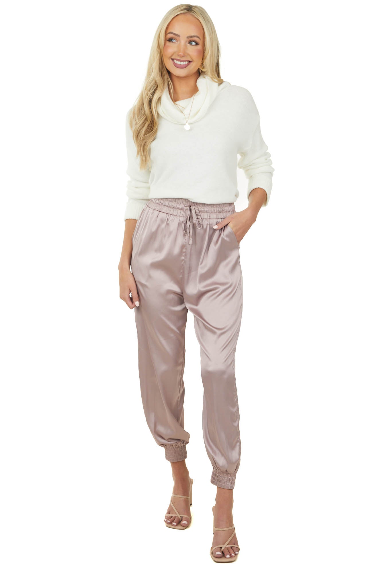 Off White Cowl Neck Long Sleeve Knit Sweater