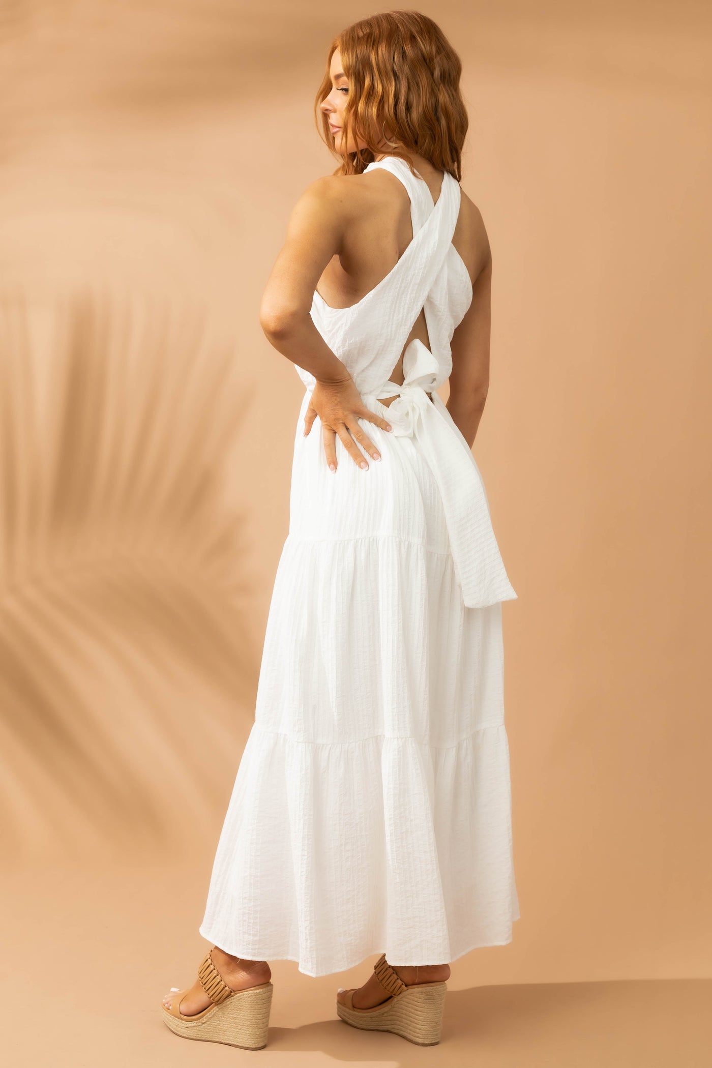 Off White Criss Cross Halter Neck Woven Maxi Dress