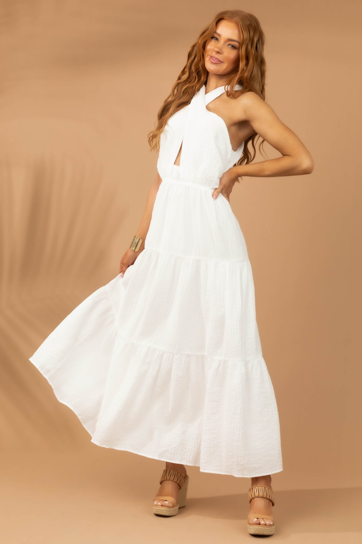 Off White Criss Cross Halter Neck Woven Maxi Dress