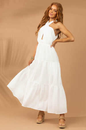 Off White Criss Cross Halter Neck Woven Maxi Dress