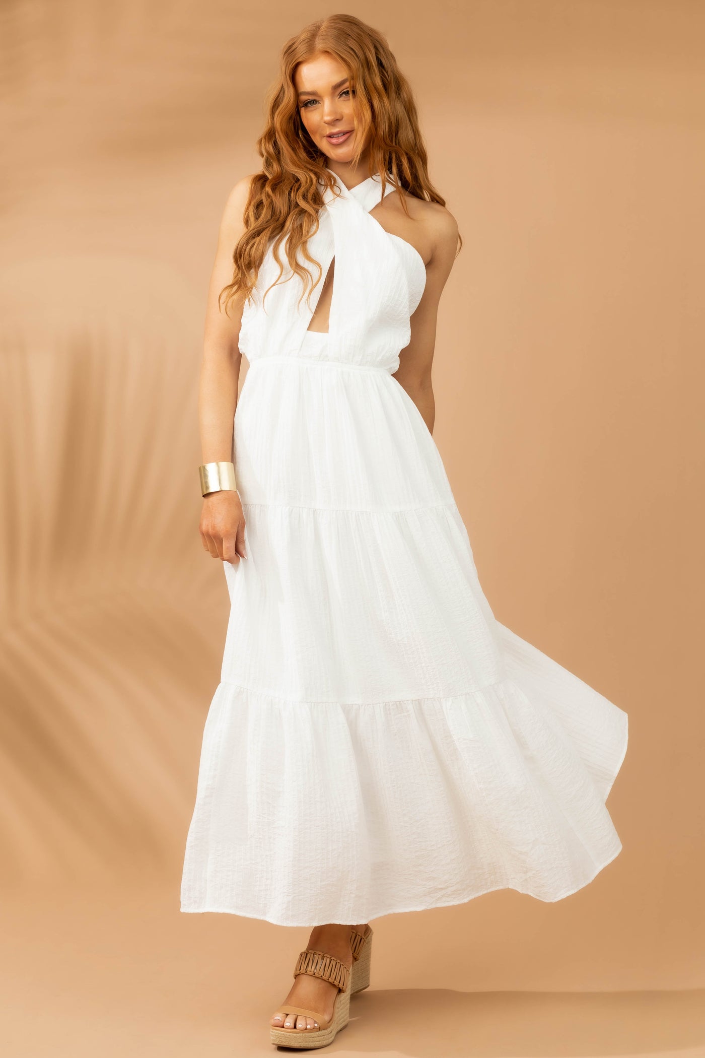 Off White Criss Cross Halter Neck Woven Maxi Dress