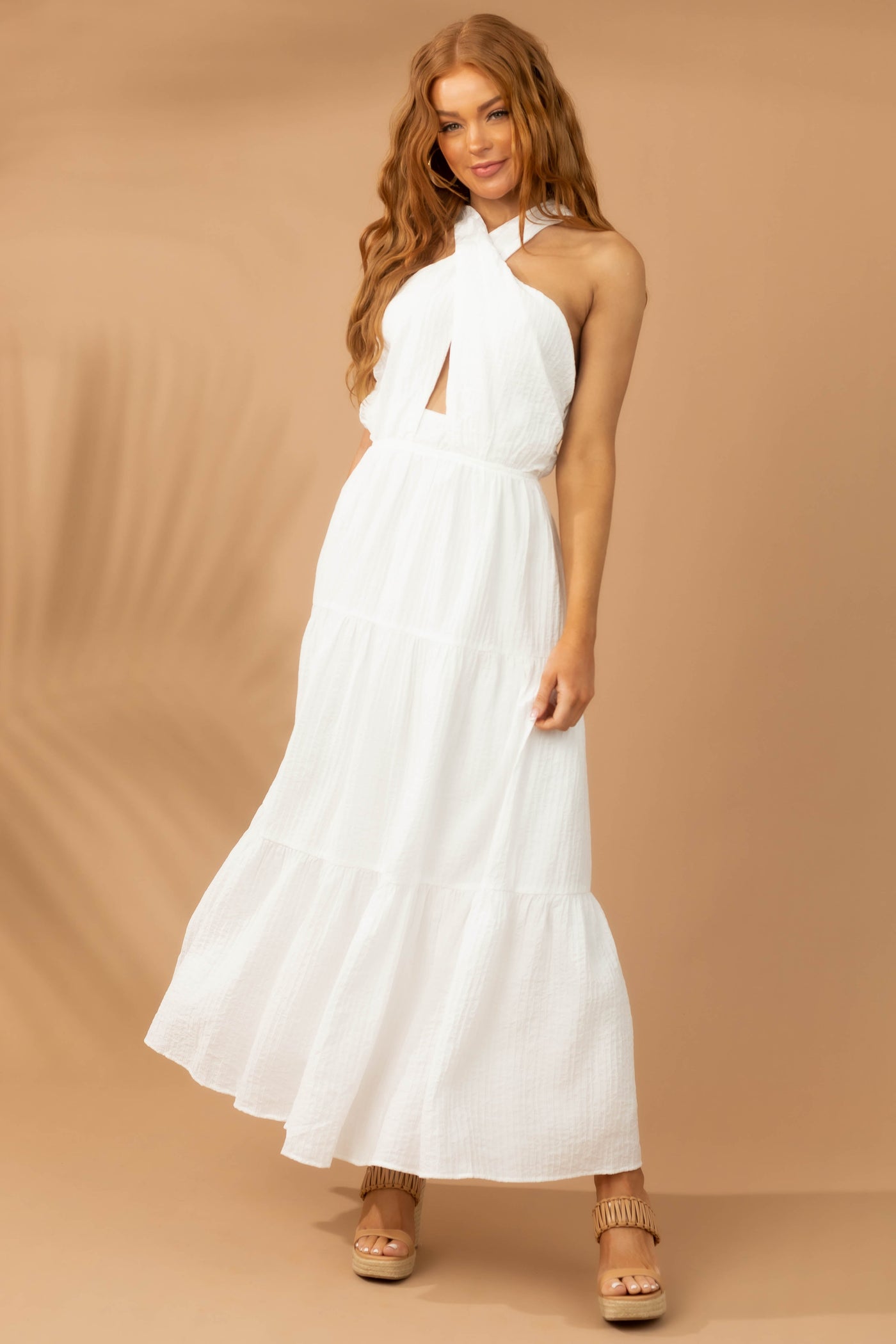 Off White Criss Cross Halter Neck Woven Maxi Dress