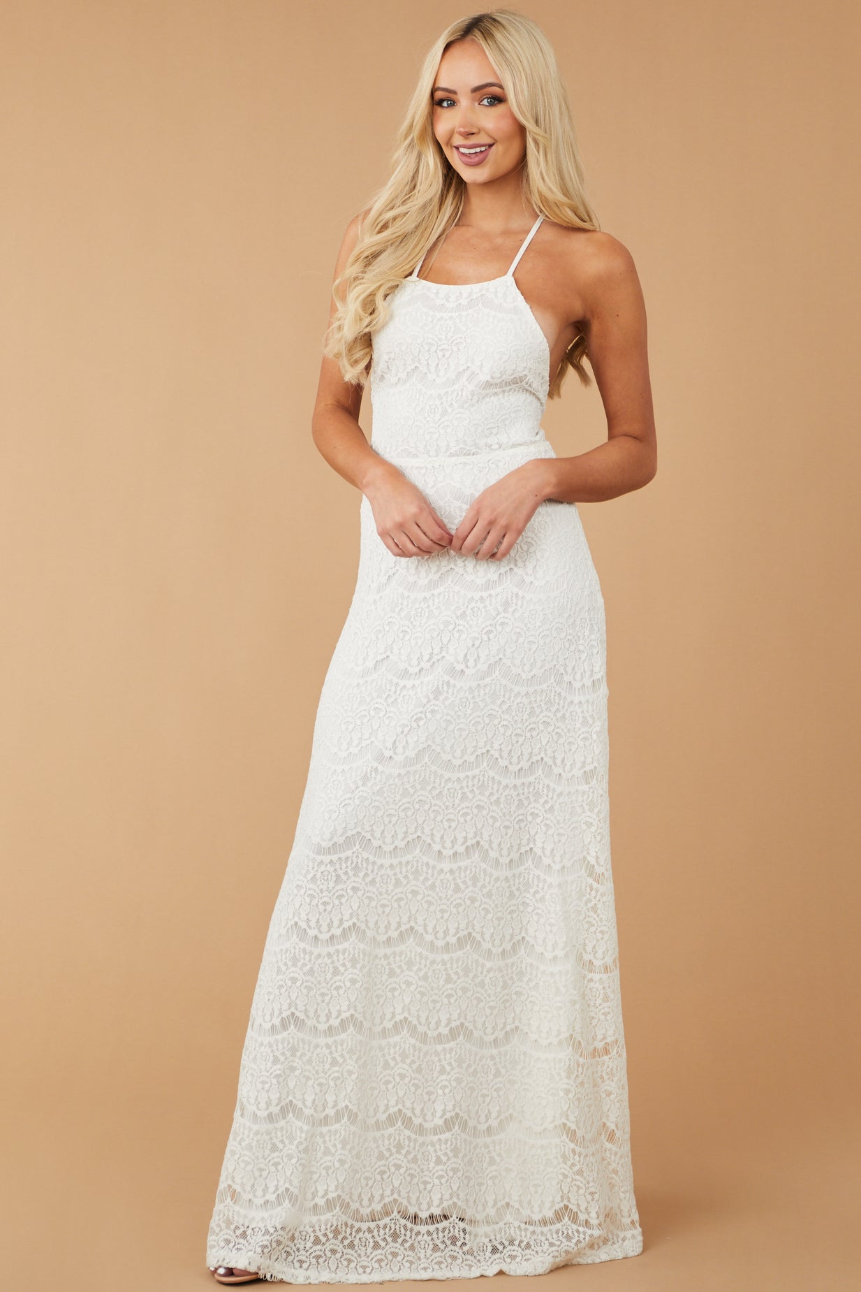 Off White Crochet Lace Halter Neck Maxi Dress