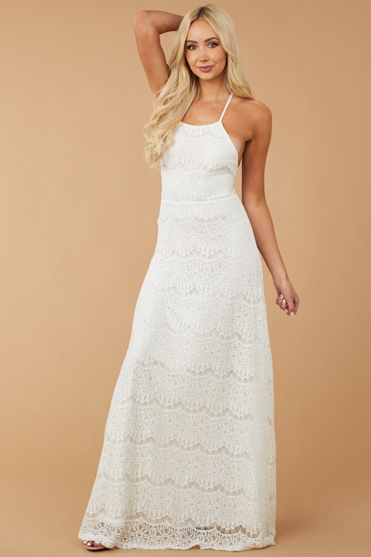 Off White Crochet Lace Halter Neck Maxi Dress