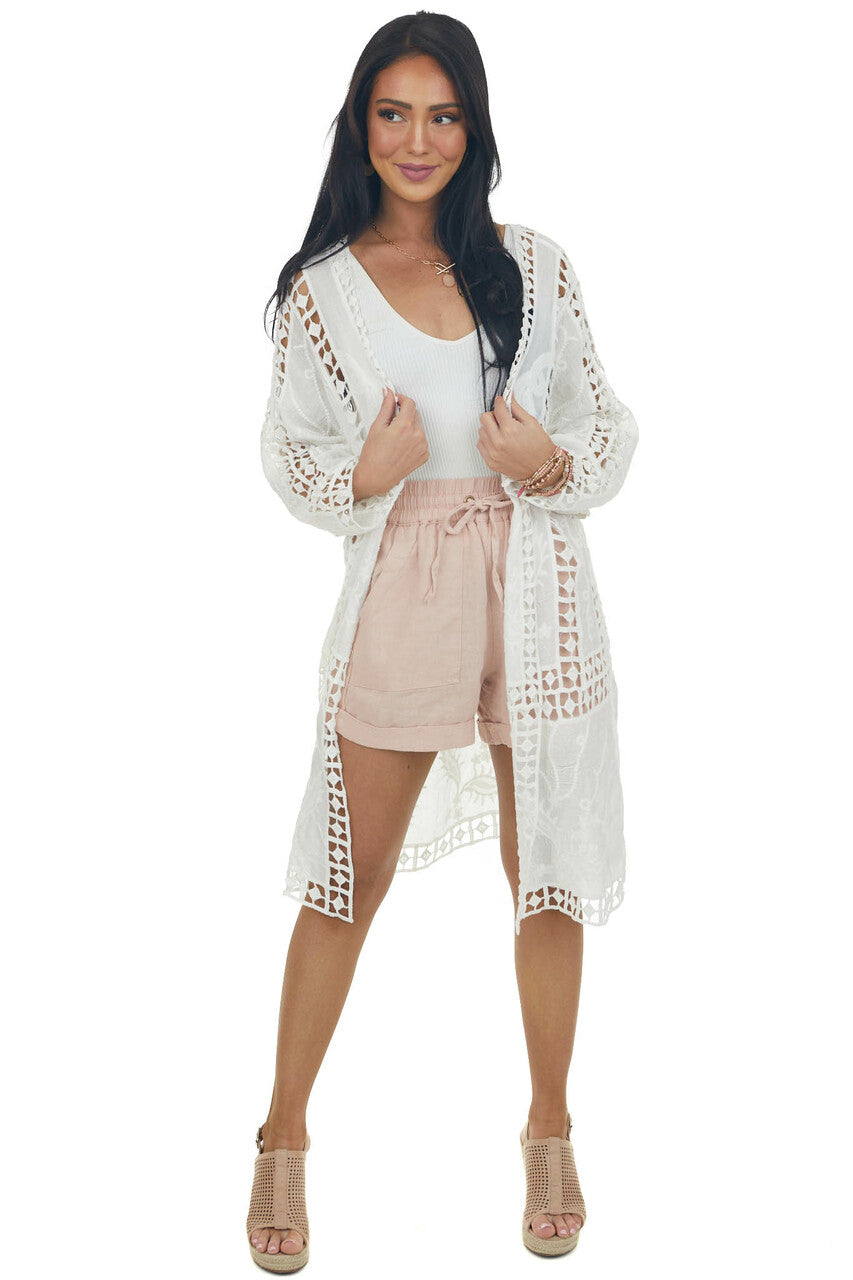 Off White Crochet Lace Open Front Kimono