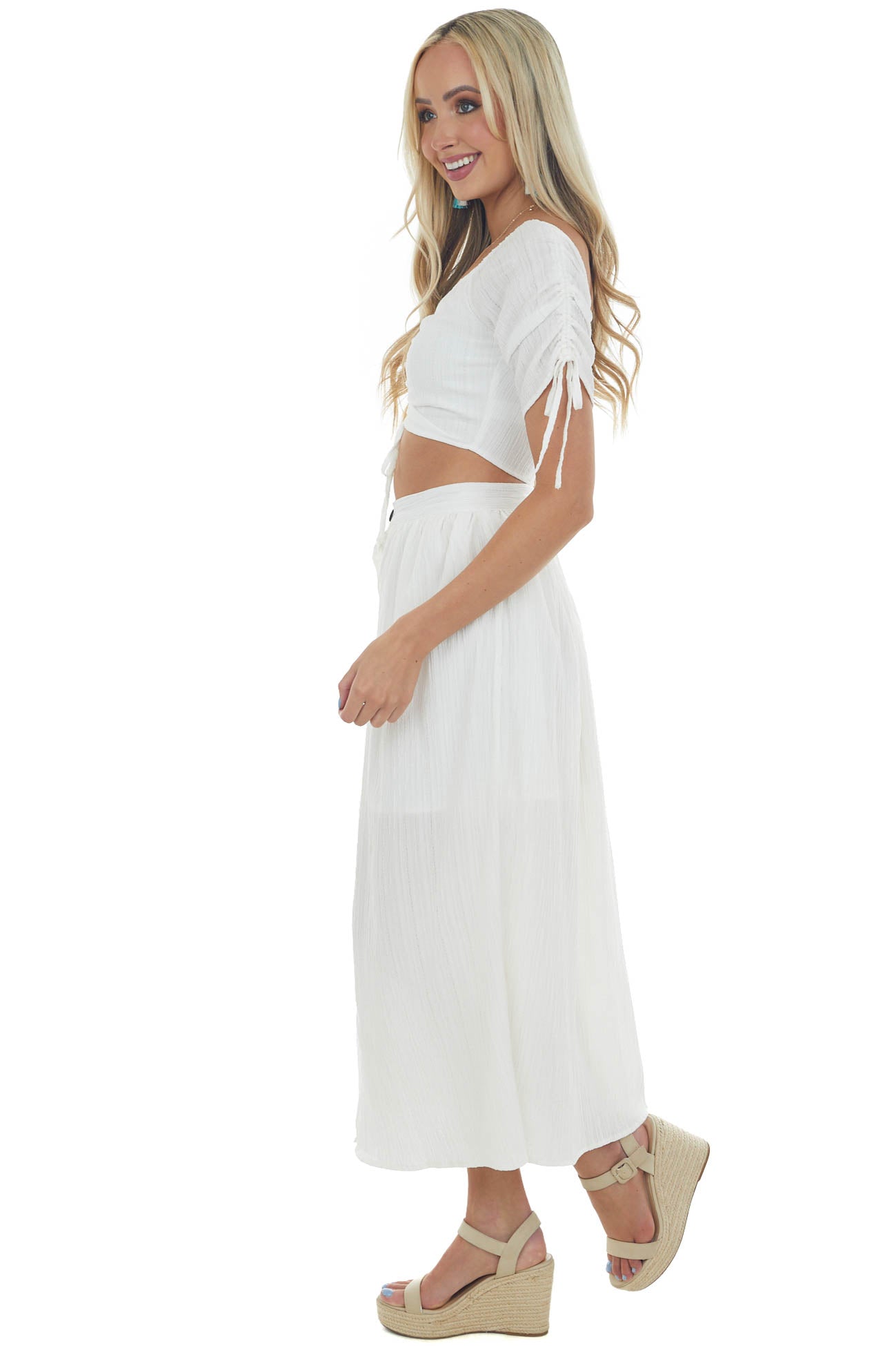 Off White Cropped Top and Midi Skirt Set
