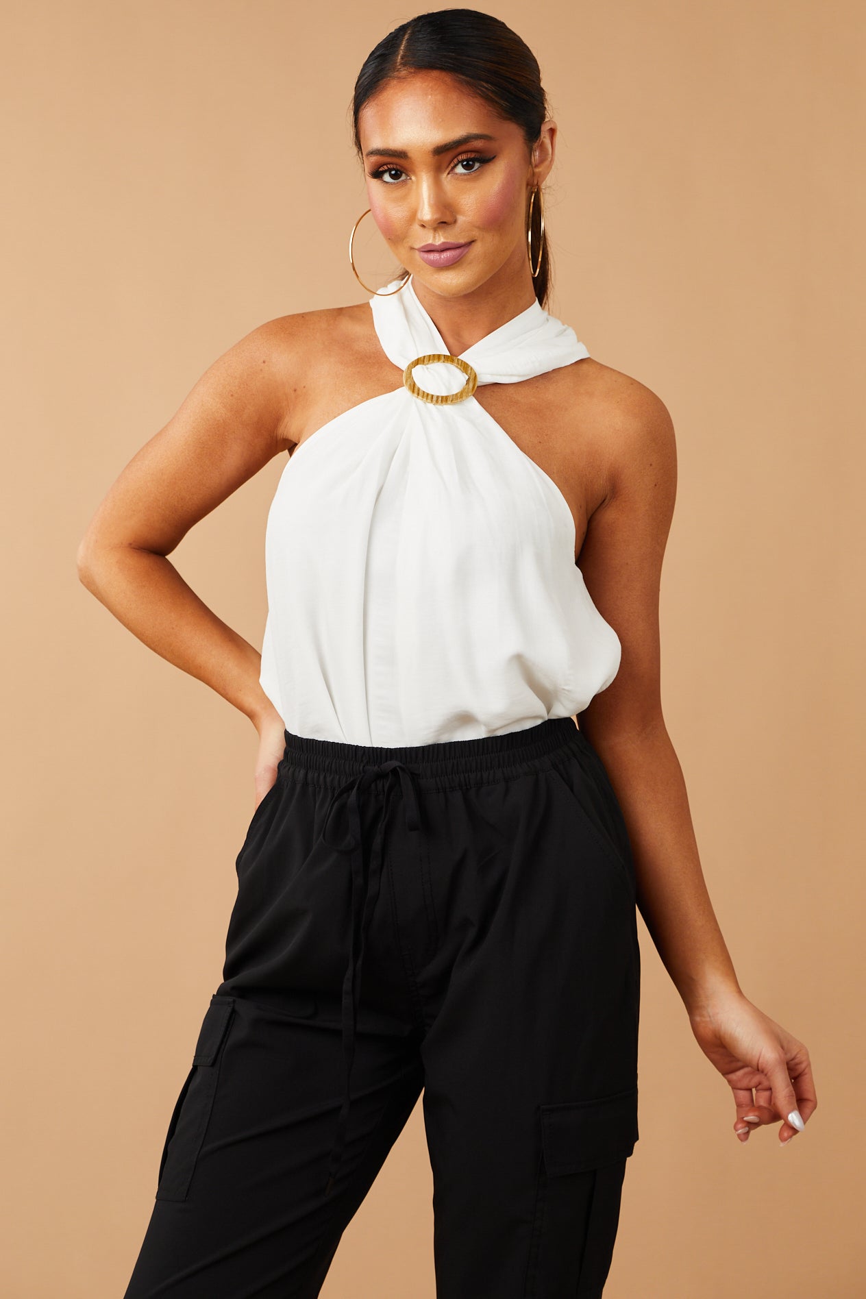 Off White Cross Halter Neck Flowy Tank Top