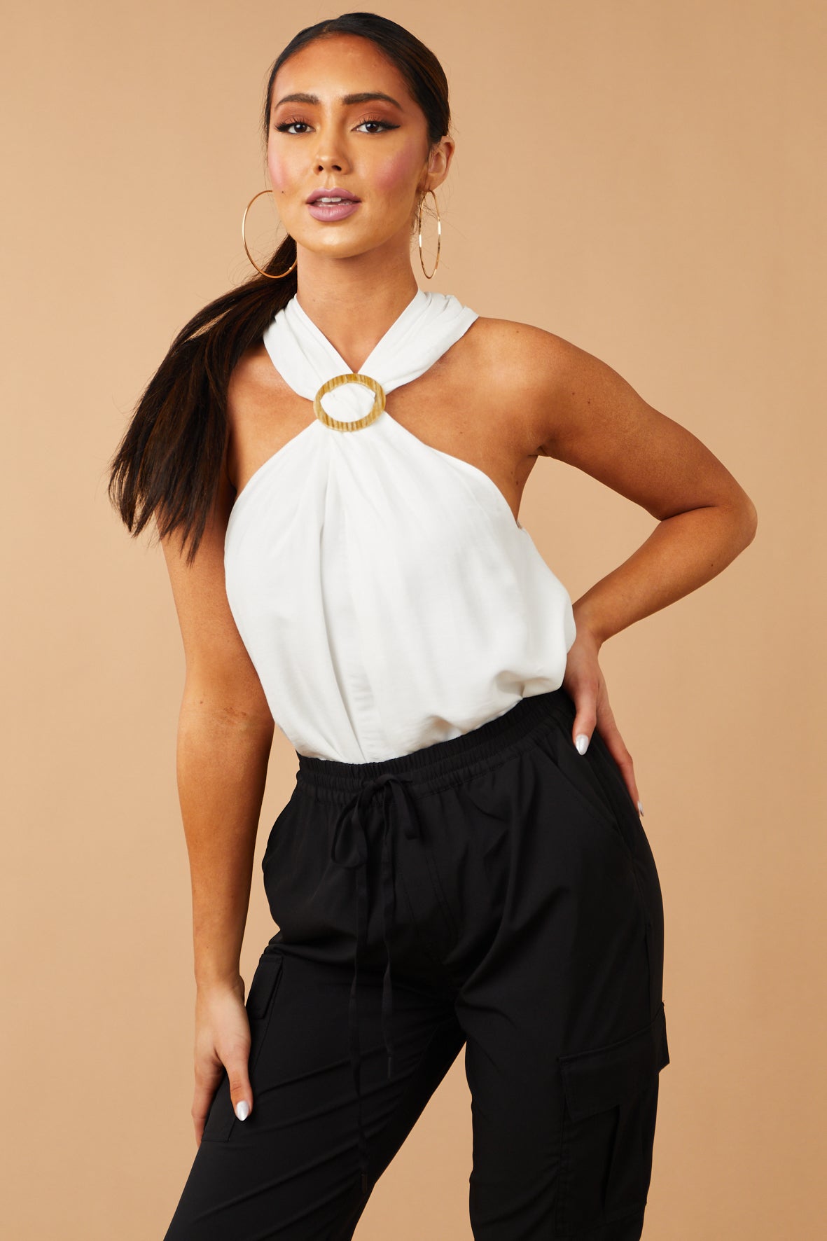 Off White Cross Halter Neck Flowy Tank Top
