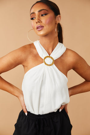 Off White Cross Halter Neck Flowy Tank Top