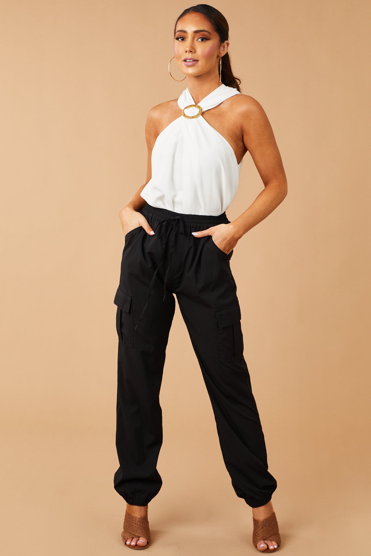 Off White Cross Halter Neck Flowy Tank Top