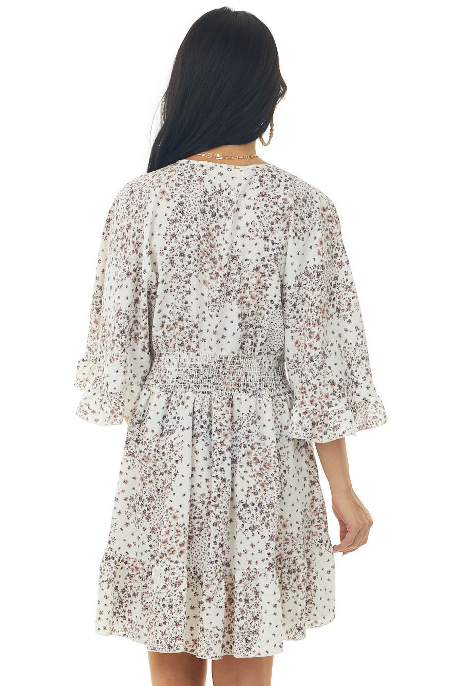 Off White Ditsy Floral Print Surplice Dress