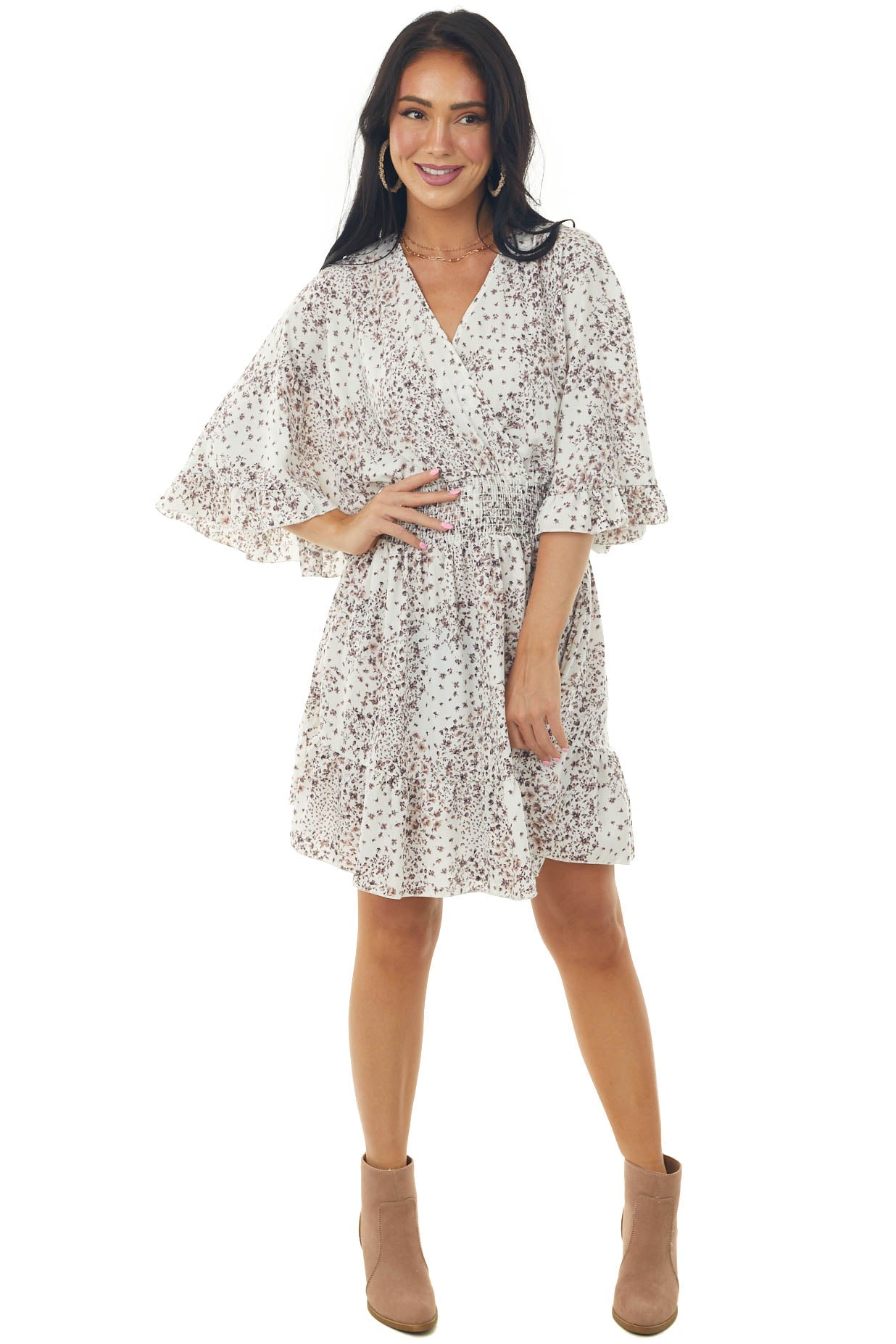 Off White Ditsy Floral Print Surplice Dress