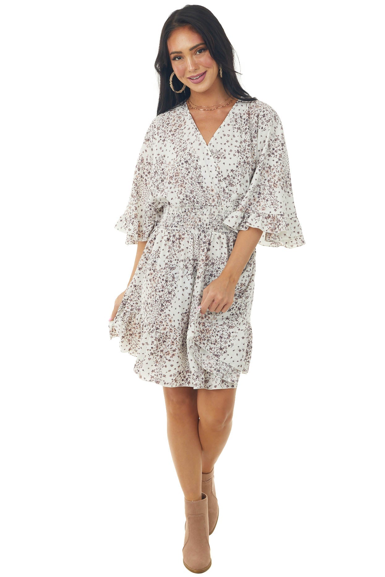Off White Ditsy Floral Print Surplice Dress