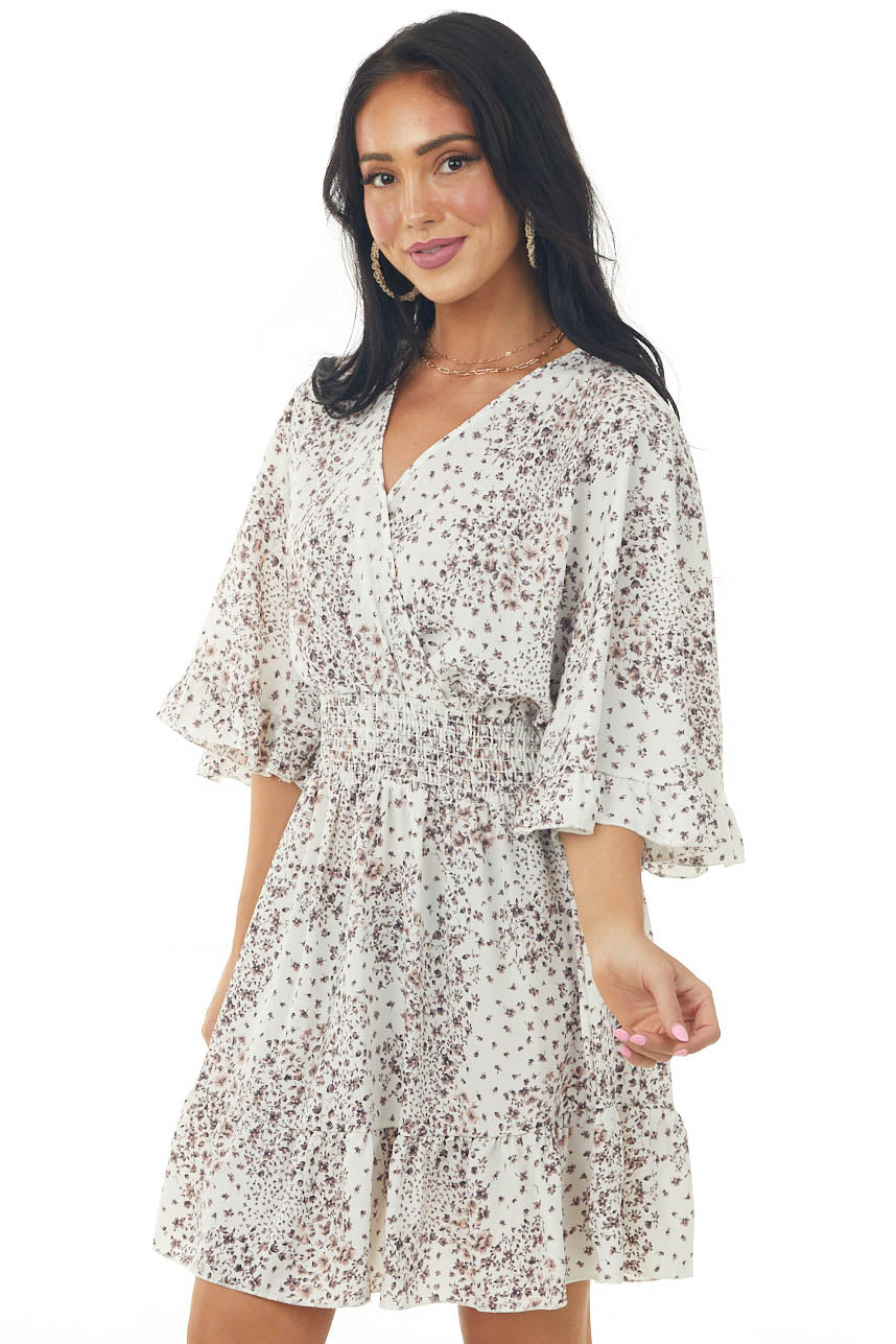 Off White Ditsy Floral Print Surplice Dress