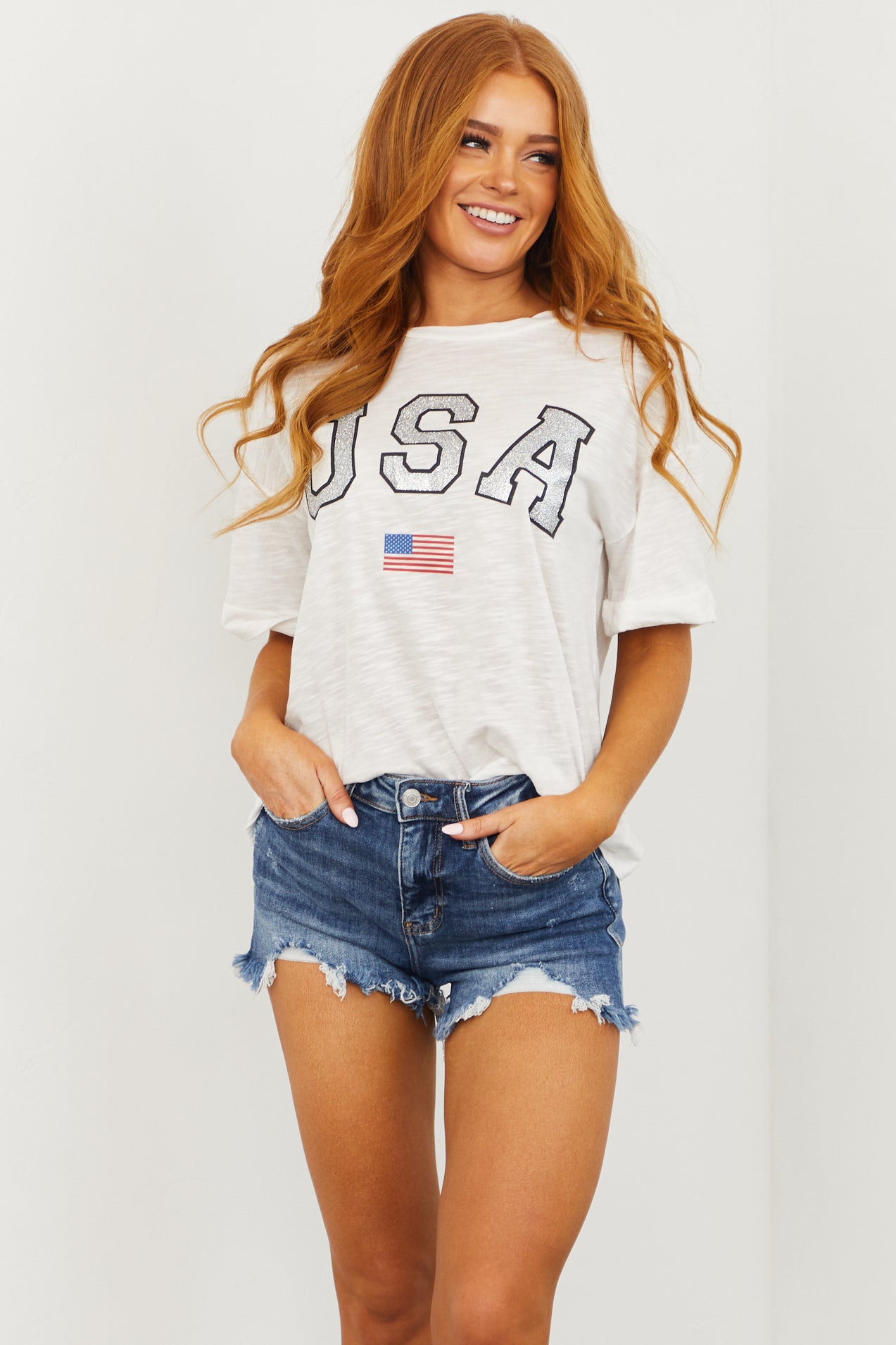 Off White Drop Shoulder Glitter USA Graphic Top