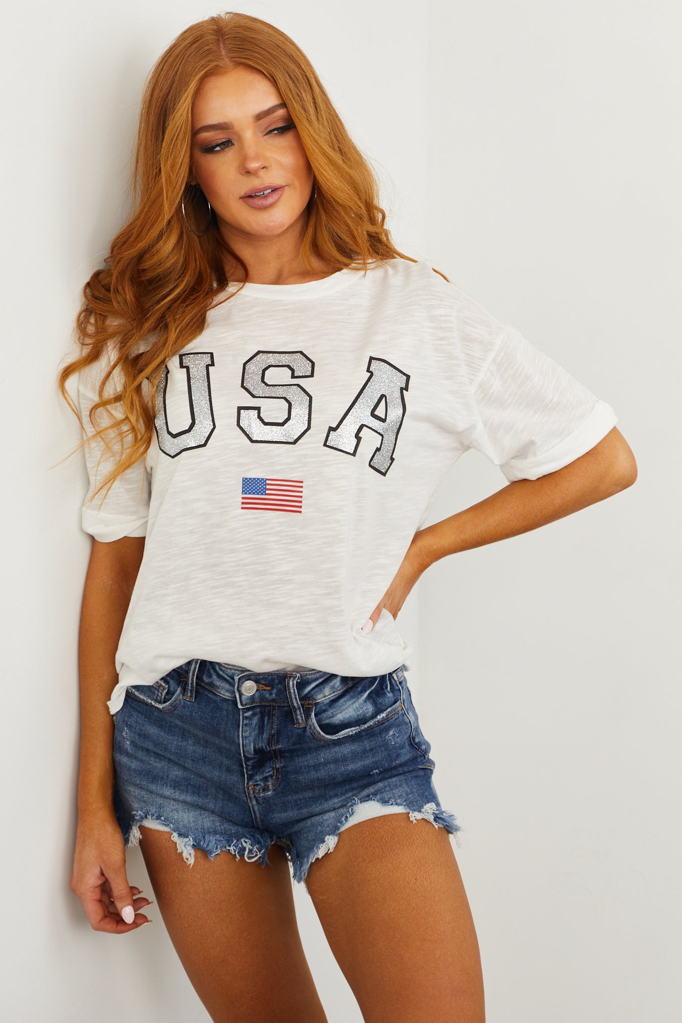 Off White Drop Shoulder Glitter USA Graphic Top