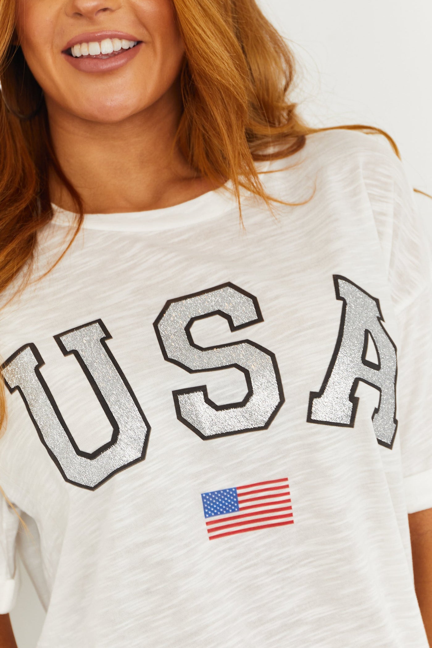 Off White Drop Shoulder Glitter USA Graphic Top