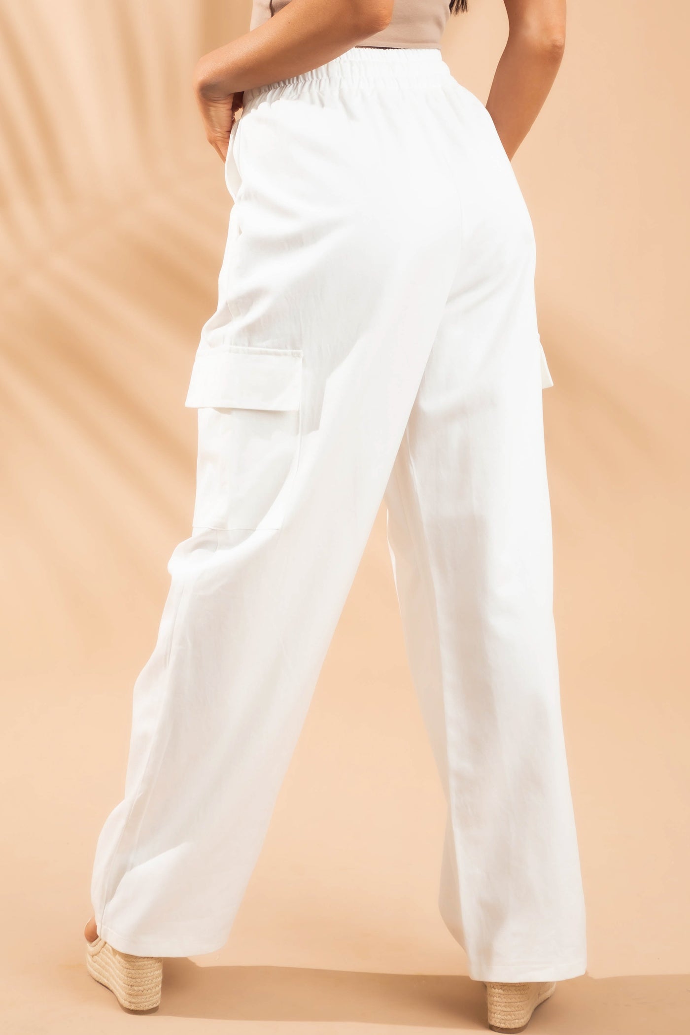Off White Elastic Waist Wide Leg Cargo Pants
