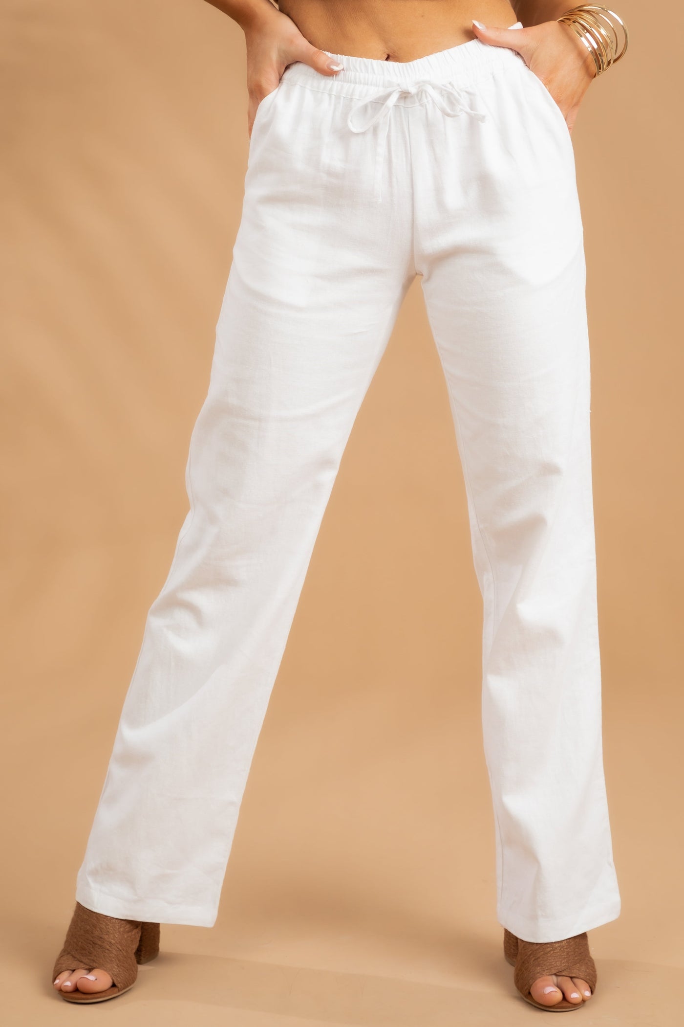 Off White Elastic Waist Woven Linen Pants