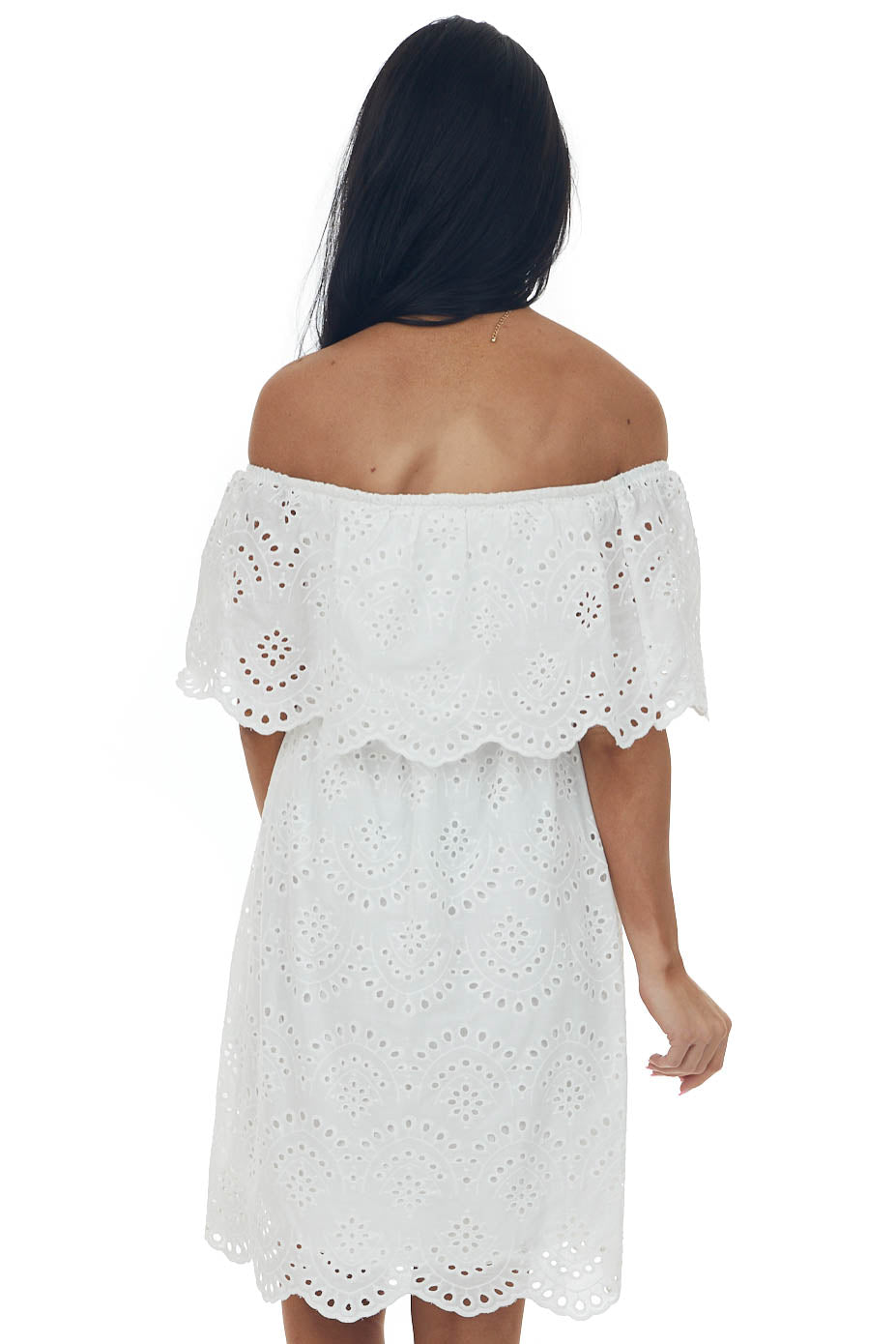 Off White Eyelet Lace Off Shoulder Short Dress