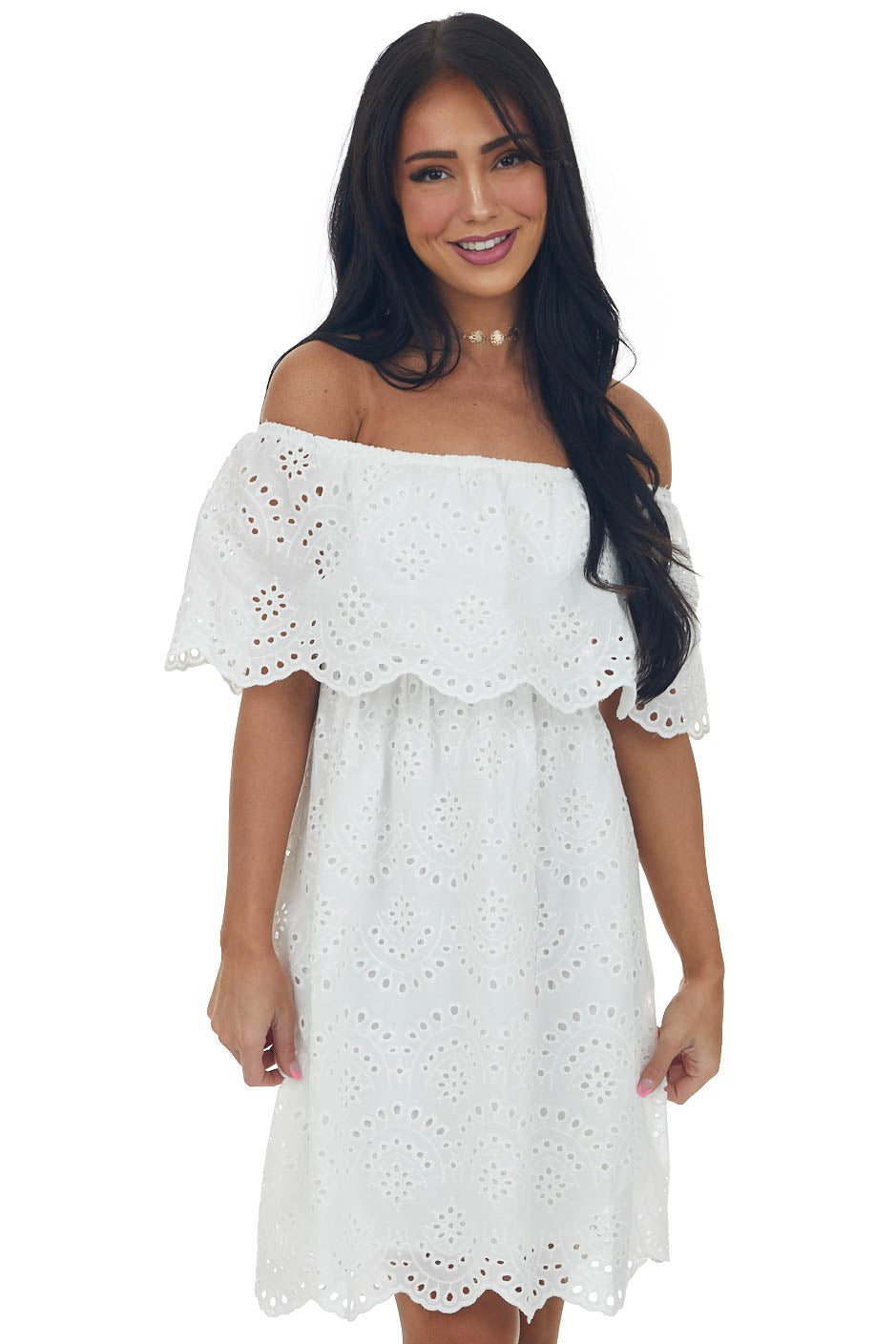 Off White Eyelet Lace Off Shoulder Short Dress