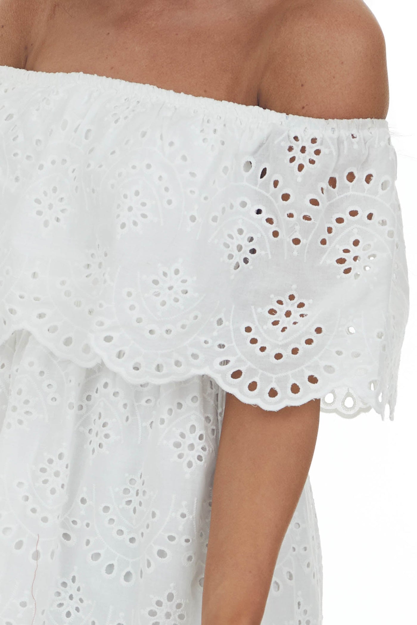 Off White Eyelet Lace Off Shoulder Short Dress
