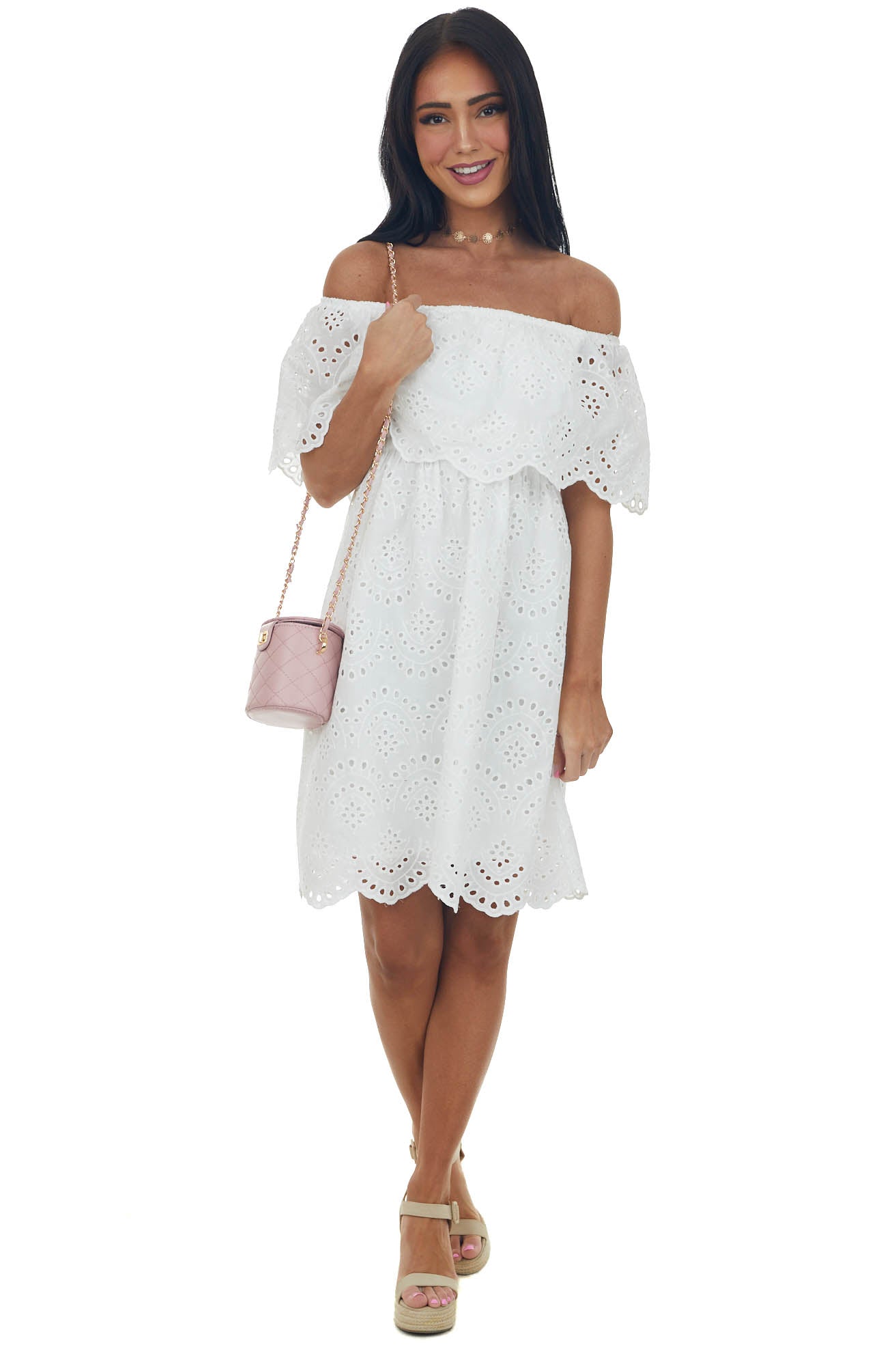 Off White Eyelet Lace Off Shoulder Short Dress