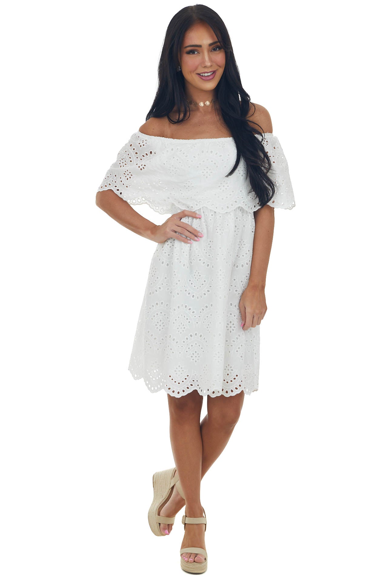Off White Eyelet Lace Off Shoulder Short Dress