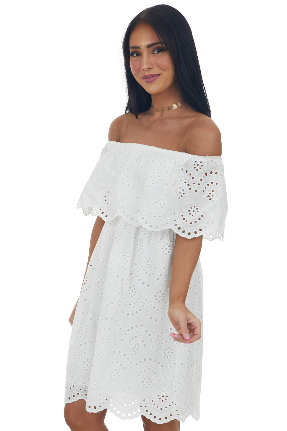 Off White Eyelet Lace Off Shoulder Short Dress