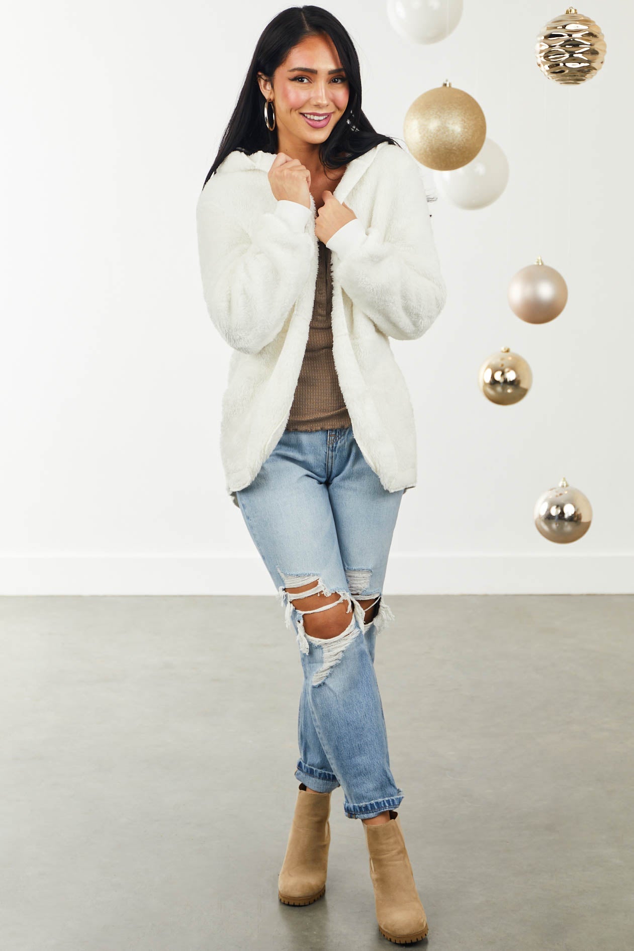 Off White Faux Fur Hooded Open Front Jacket