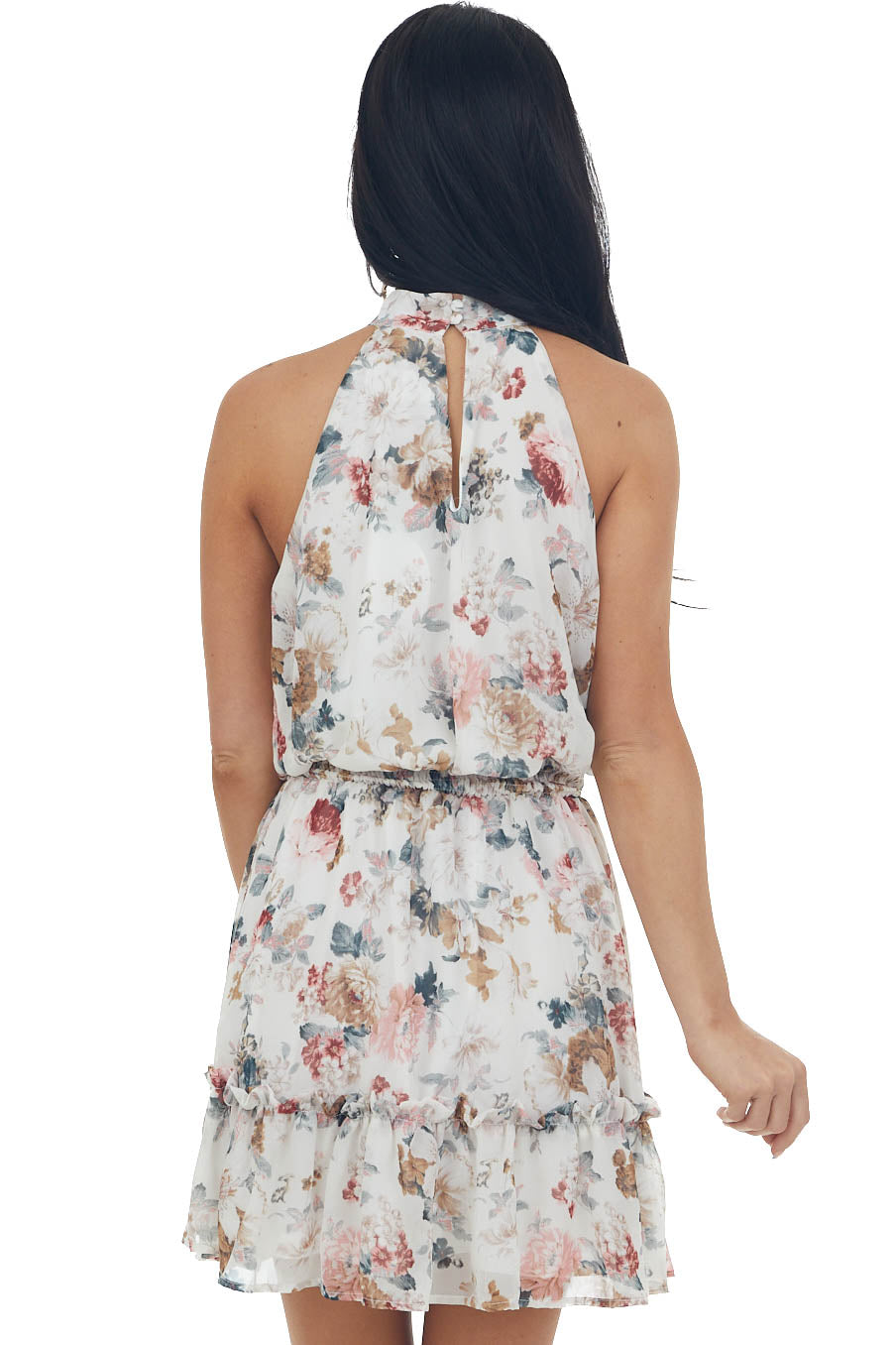 Off White Floral Print Halter Neck Sleeveless Woven Dress