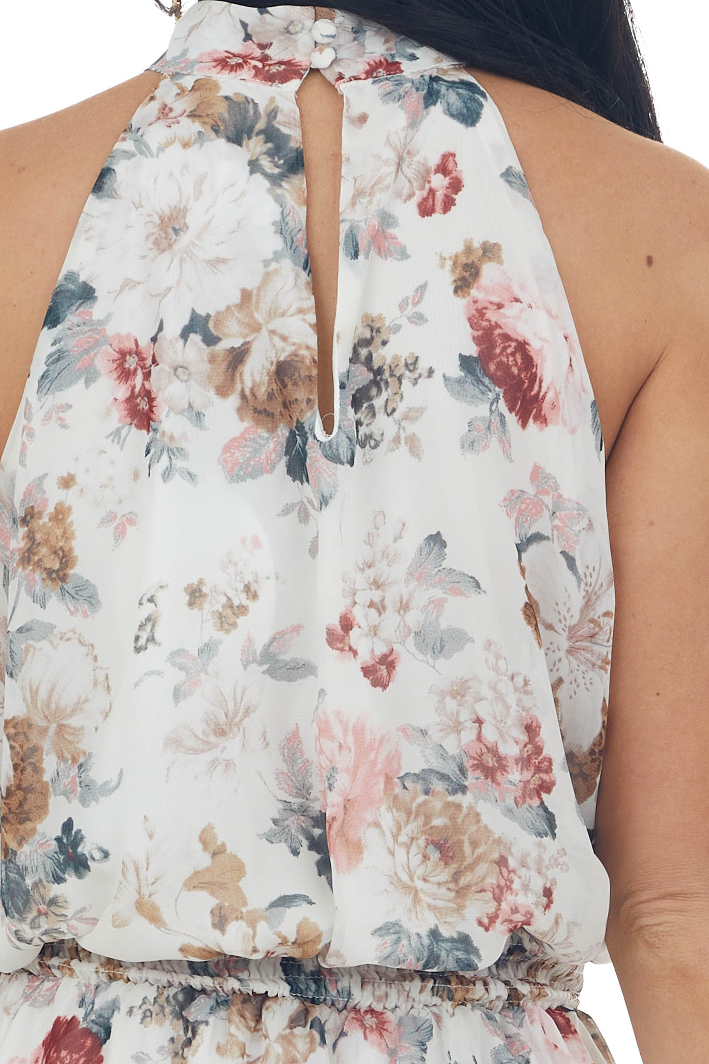 Off White Floral Print Halter Neck Sleeveless Woven Dress